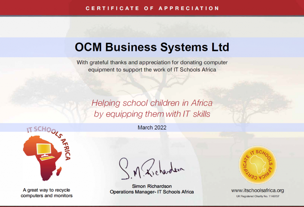 Certificate of Appreciation from IT Schools Africa